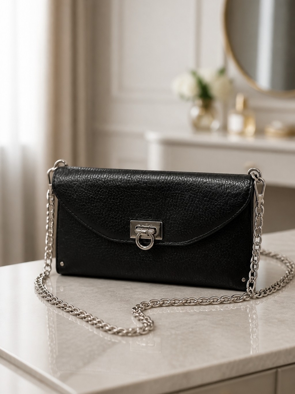 Salvatore Ferragamo Black Leather Wallet-Crossbody with Silver Chain